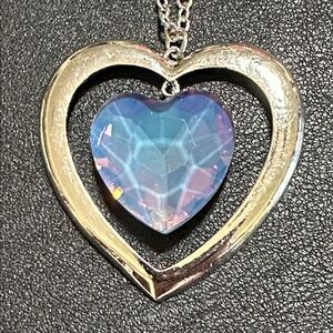 94.  Open Heart Opalescent Dangling Heart Pendant Silver Tone Necklace